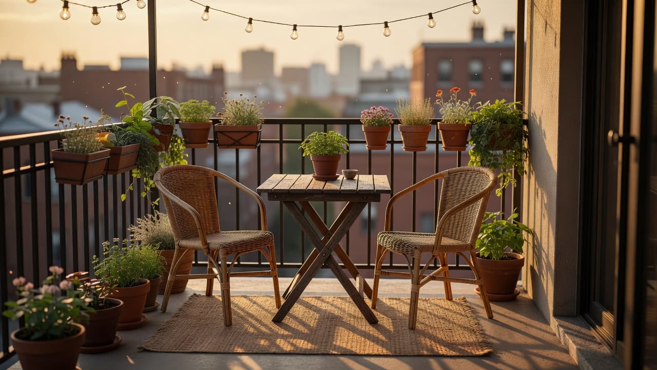 Uma varanda pequena de apartamento fotorrealista, com uma mesa bistrô dobrável, duas cadeiras de rattan, um cordão de luzes e uma fileira de vasos de plantas, criada com design de varanda com ia