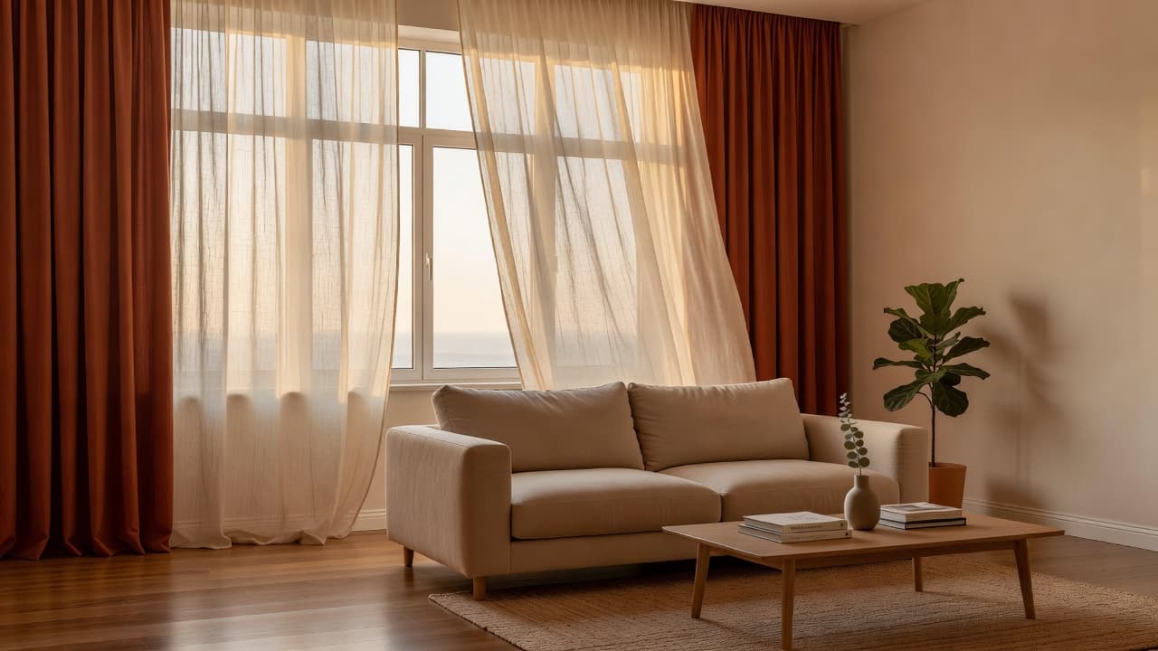A bright photorealistic living room with flowing sheer linen curtains and warm terracotta drapery framing a large window, designed with an AI curtain visualizer
