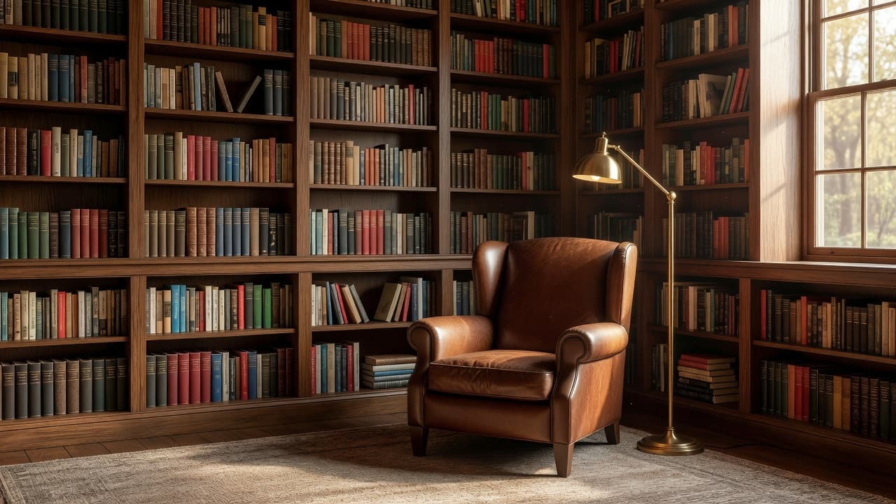 A photorealistic home library with floor-to-ceiling built-in bookshelves, a leather armchair, and a brass reading lamp, designed with ai home library design