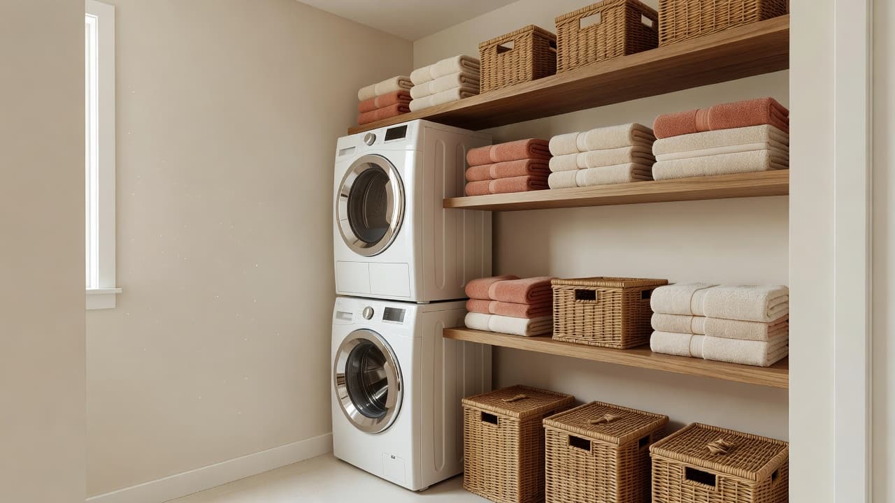 A bright, organized small laundry room with stacked washer and dryer, open wood shelving, and a warm cream and terracotta color scheme, designed with AI