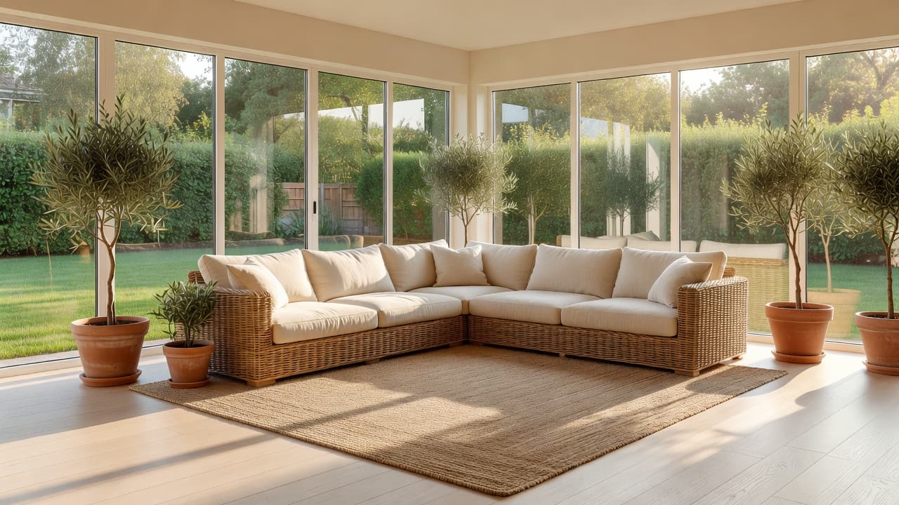 Uma varanda envidraçada fotorrealista e iluminada, com janelas do piso ao teto, uma poltrona de descanso em rattan e plantas em vasos conectando os ambientes interno e externo, criada com design de interiores por IA