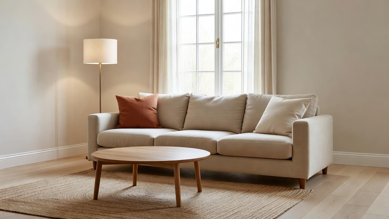 A well-proportioned oatmeal linen three-seat sofa with a terracotta cushion, a round wooden coffee table and a jute rug in a bright neutral living room