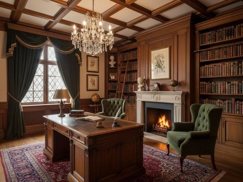 Dark Academia study room with vintage furniture